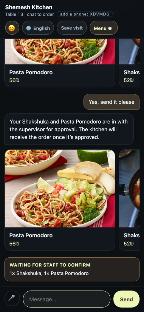 The guest's screen: the order waiting for staff approval