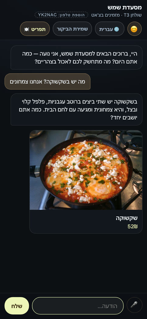 מסך האורח: שאלה על מנה, ותשובה מהתפריט עם תמונה