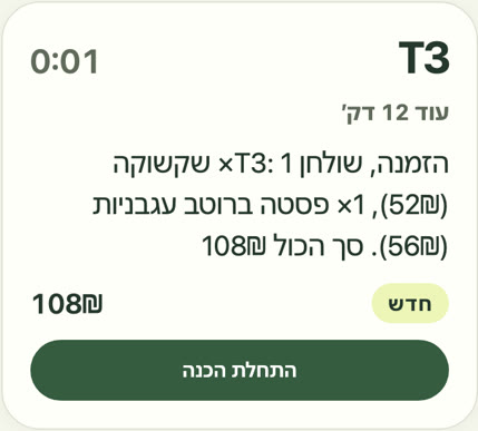 מסך המטבח: פתק ההזמנה עם השולחן והזמן